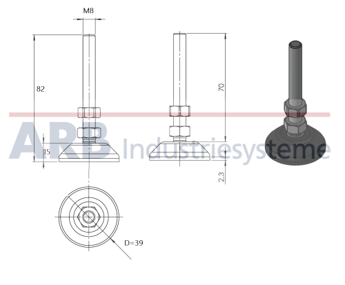 Stellfuß D40, M8x80 grau ähnlich RAL 7042 ZN